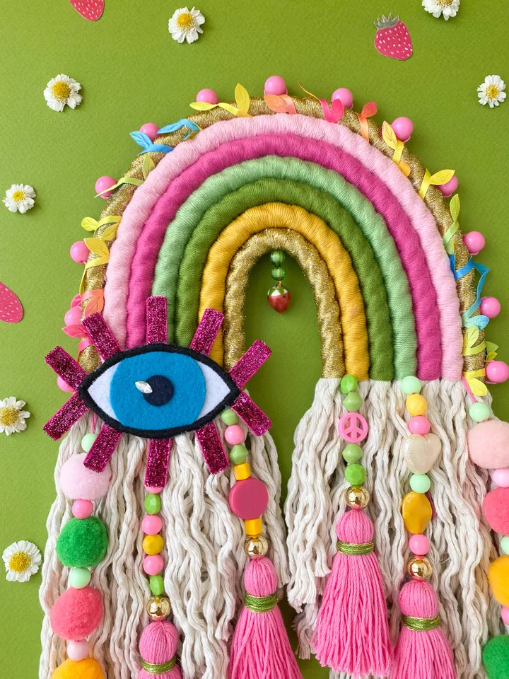 Macrame rainbow wall hanging, Funny birthday gift, Above bed decor, Evil eye charm, Strawberry aesthetic, Boho home decor