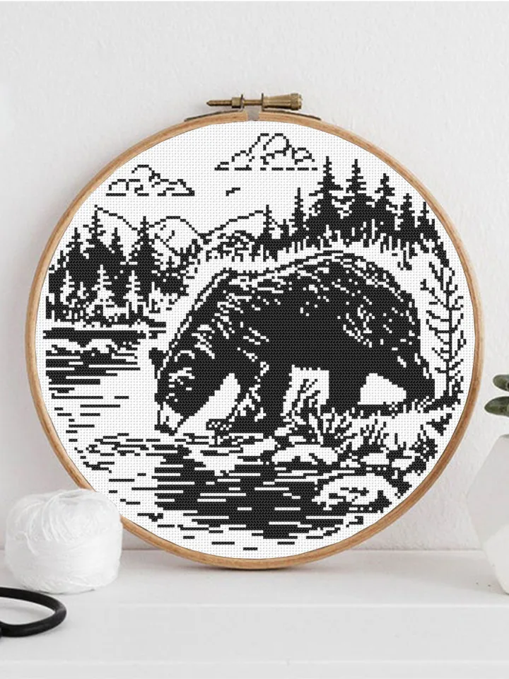 Grizzly bear cross stitch pattern PDF download Bear silhouette cross stitch chart, Monochrome nature pattern digital, Forest landscape #L79