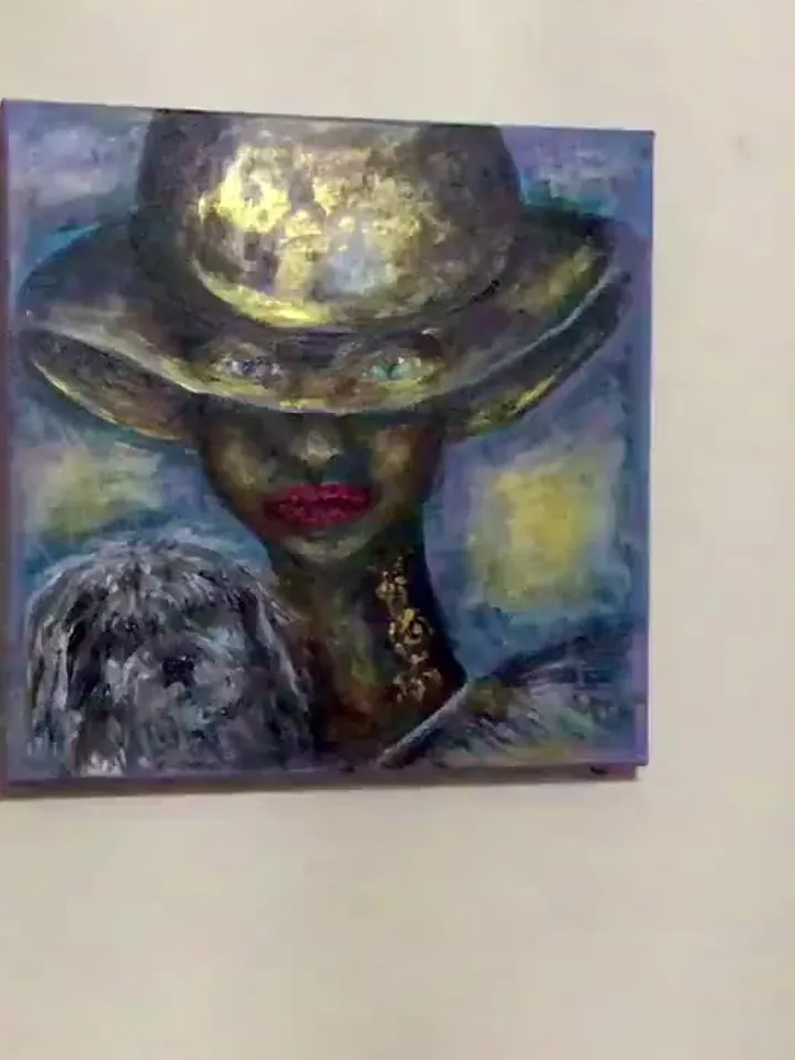 Fantasy woman in a hat with a small dog painting,original acrylic painting on canvas,home decoration wall art, unique gift.