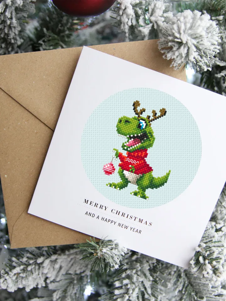 Funny dinosaur christmas cross stitch pattern PDF download, Set of 2 small dinosaur cross stitch chart, Cute dino pattern digital PDF #N116