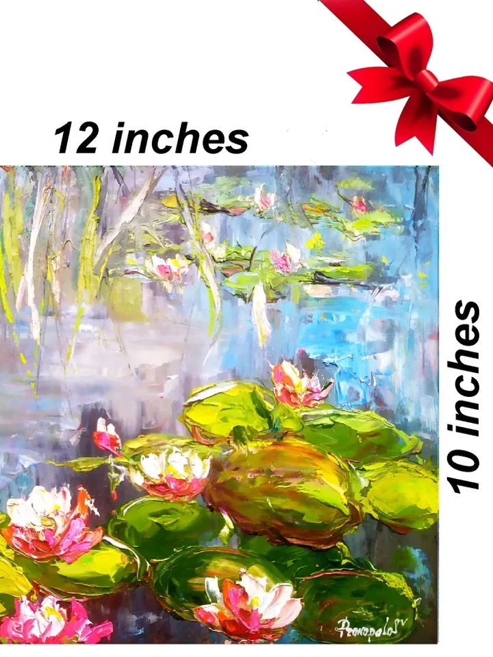 Lotus Flower Painting Water Lily Original Art Impasto Painting Floral Oil Artwork 10 by 12 inches by ArtProkopaloSv