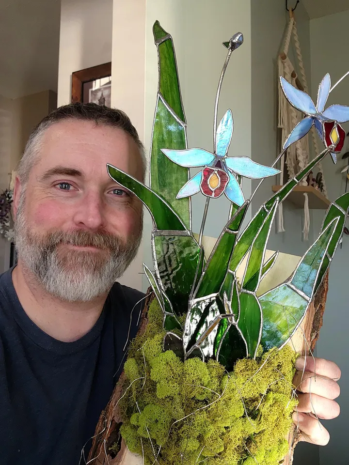 Stained-Glass Orchid Mounted on Wood Oncidium Cattleya Laelia Type Orchid in Bloom Blue Orchid Stained Glass Wall Art for Rare Orchid Lover