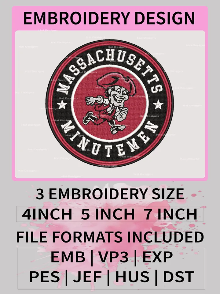 NCAA Massachusetts Minutemen Embroidery Designs, NCAA Logo Machine Embroidery Files, College Team Embroidery Patterns