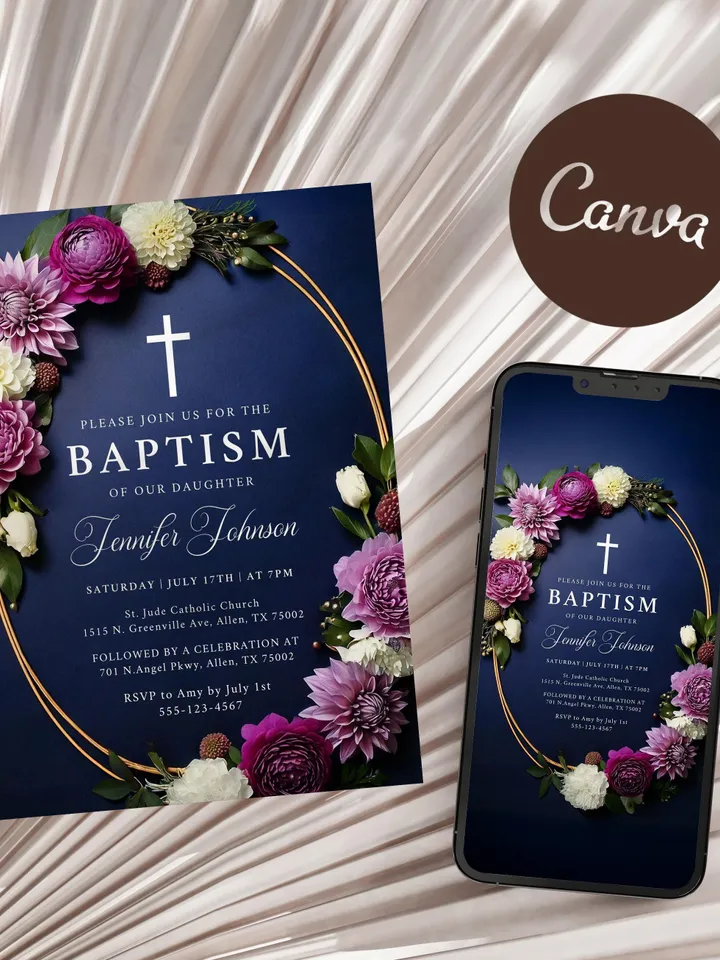 Elegant Floral Baptism Invitation Template – Editable Christening Invite for Boys & Girls, Printable Digital Download