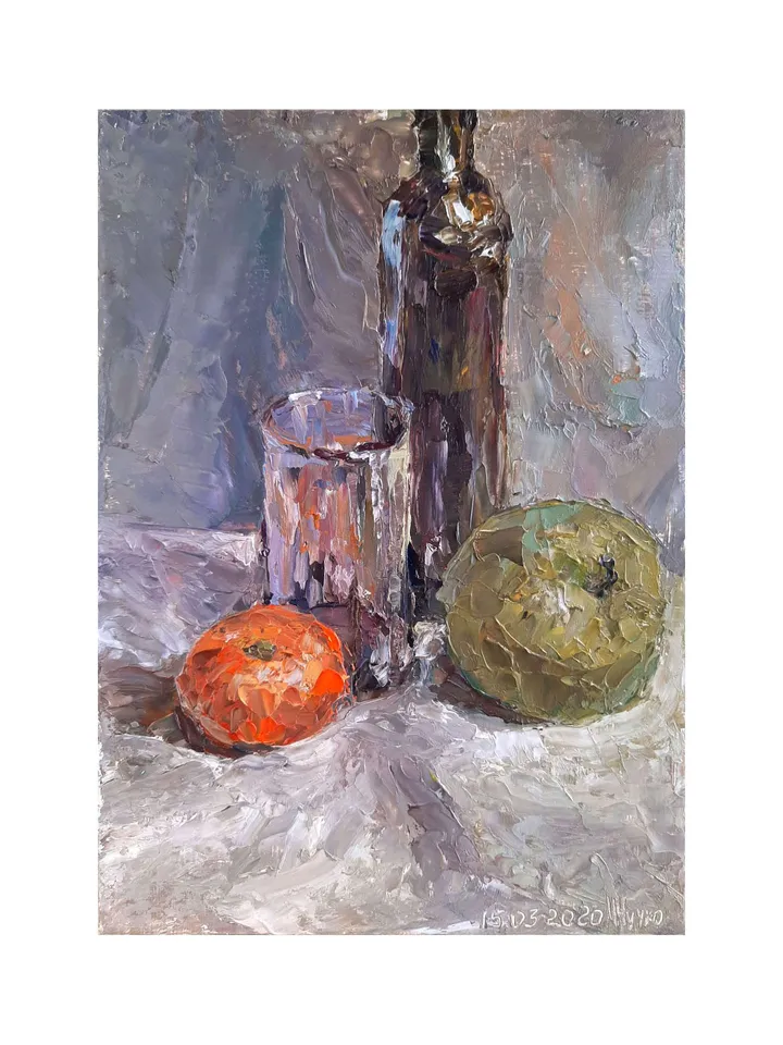 Tangerine Apple PAINTING 8x5,7" ORIGINAL ART Still Life with fruits Kitchen Artwork Signed by artist Marina Chuchko