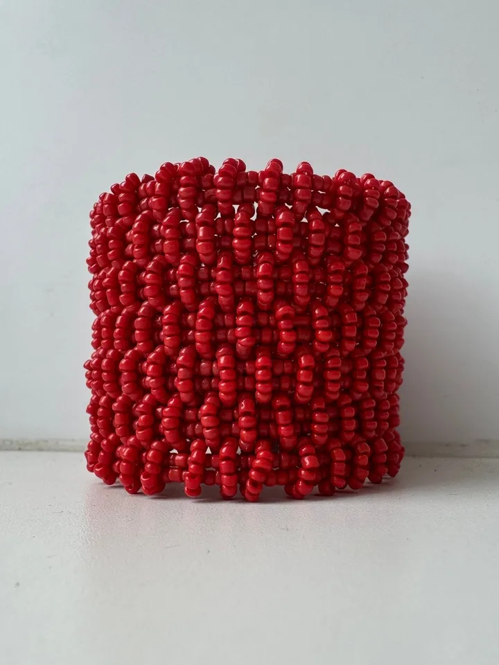 Wide Beaded Handmade Women Bracelet | White Bracelet | Bead Bracelet | Red  Summer Bracelet | Chic Bracelet | Evening  Classy Bracelet