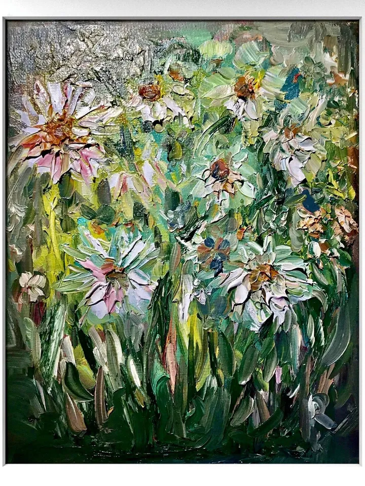 Daisies oil painting,abstract flowers original oil painting on stretched canvas,textured impasto style oil painting,flowers wall hanging