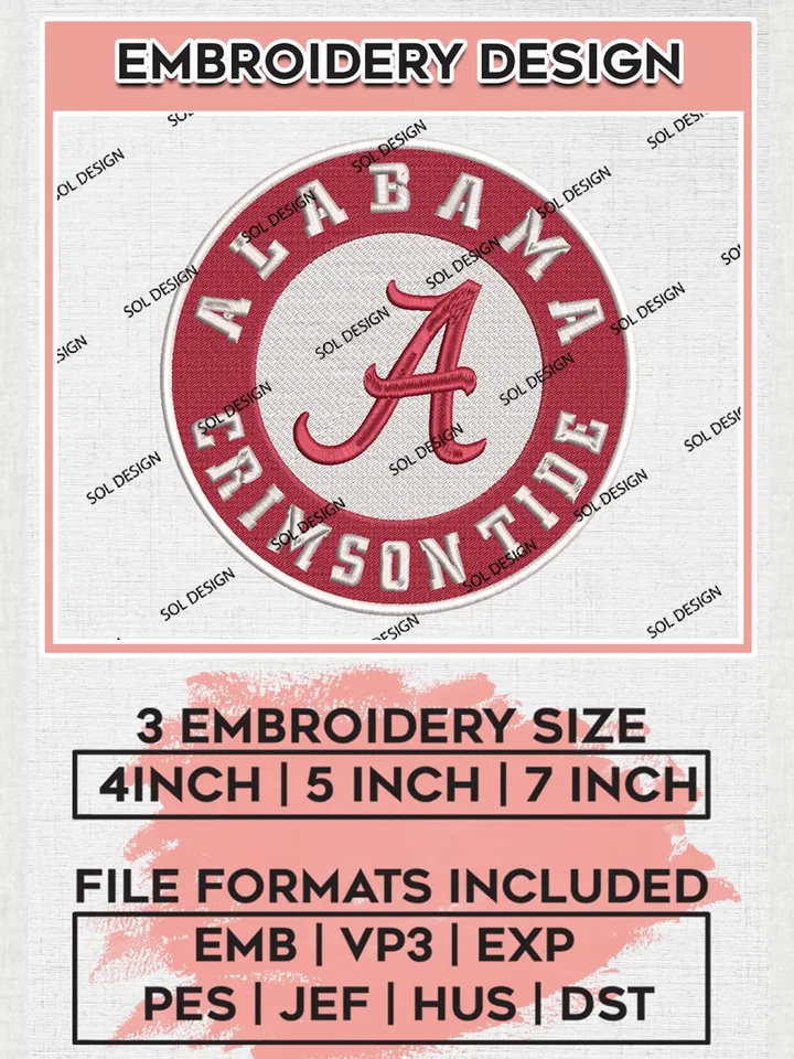 NCAA Alabama Crimson Tide Round Logo Machine Embroidery Design, NCAA Alabama Crimson Tide Team Design Design files, NCAA Team Embroidery Designs, NCAA Machine Embroidery Designs, Digital Download