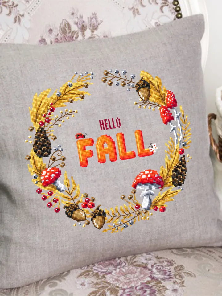 Hello fall wreath cross stitch pattern download PDF, Magic amanita mushroom cross stitch, Autumn wreath embroidery PDF, Fall home decor #Q50