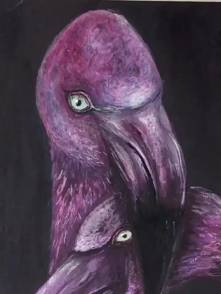 Pink flamingo birds painting , couple in love, original watercolour and pastel painting
