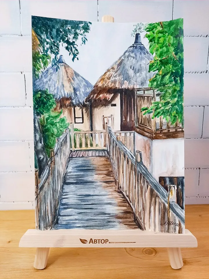 Original watercolor painting Tropical landscape House painting Wall art decor