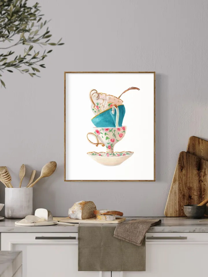 Tea Cups, Kitchen Art Wall Art, Kitchen Wall Decor Vintage Tea Cup Gift For Tea Lovers Tea Party DEecor Living Room Art Tea Wall Giclee