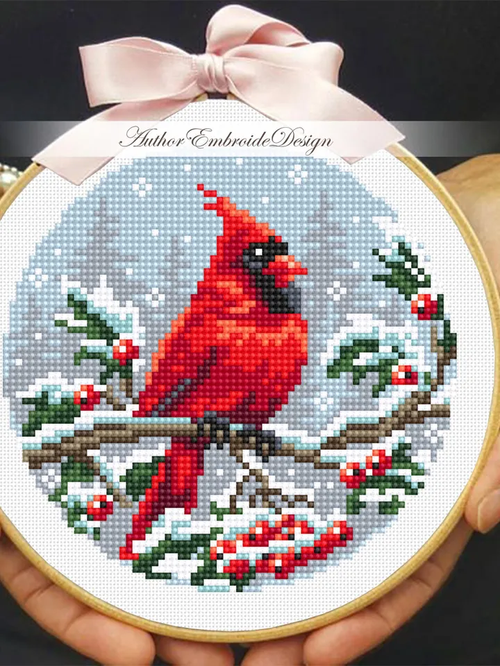 Christmas cardinal cross stitch pattern PDF download Red bird cross stitch chart, Christmas pattern digital PDF, Cardinal embroidery #N161