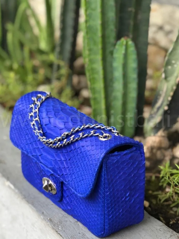 Blue Genuine Python Skin Crossbody Chain Bag | Bright Summer Bag | Elegant Women Bag | Chain Strap Crossbody Ultramarine Royal Blue Purse