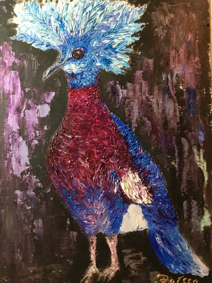 Pigeon oil painting ,Original impasto oil painting,Funny bright pigeon bird with a crown