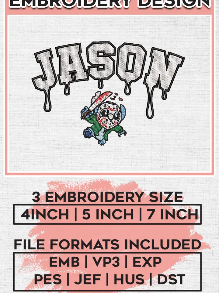Stitch x Jason Voorhees Halloween Drop Name Embroidery designs, Horror Character Machine embroidery designs, Halloween embroidery files, Horror Movie Machine Embroidery Digitized Pes Files, Digital Download