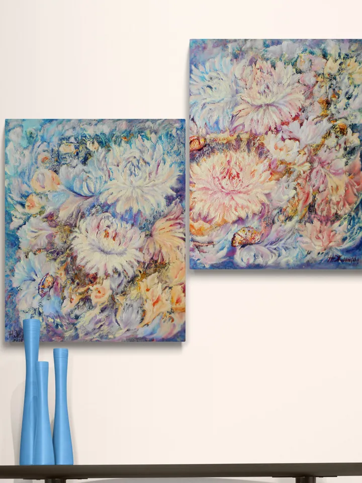 Floral abstract oil painting on canvas, Dipthych
