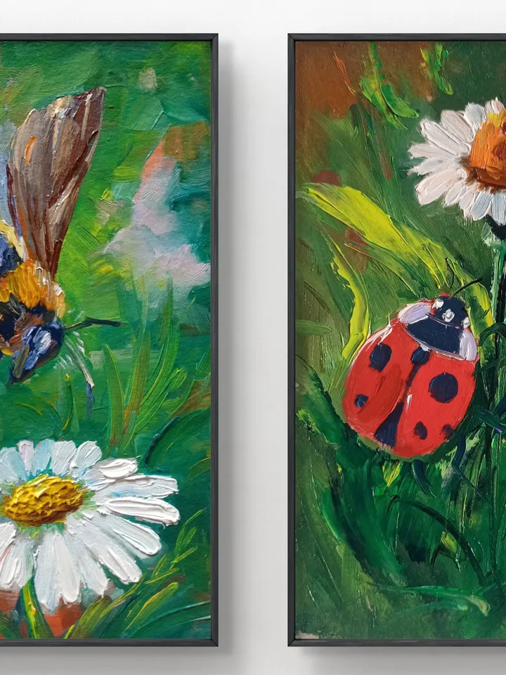 Oil painting wall art bumblebee wall art diptych painting flowers and insects summer bee spring wall decor, gift Pair painting ladybug art