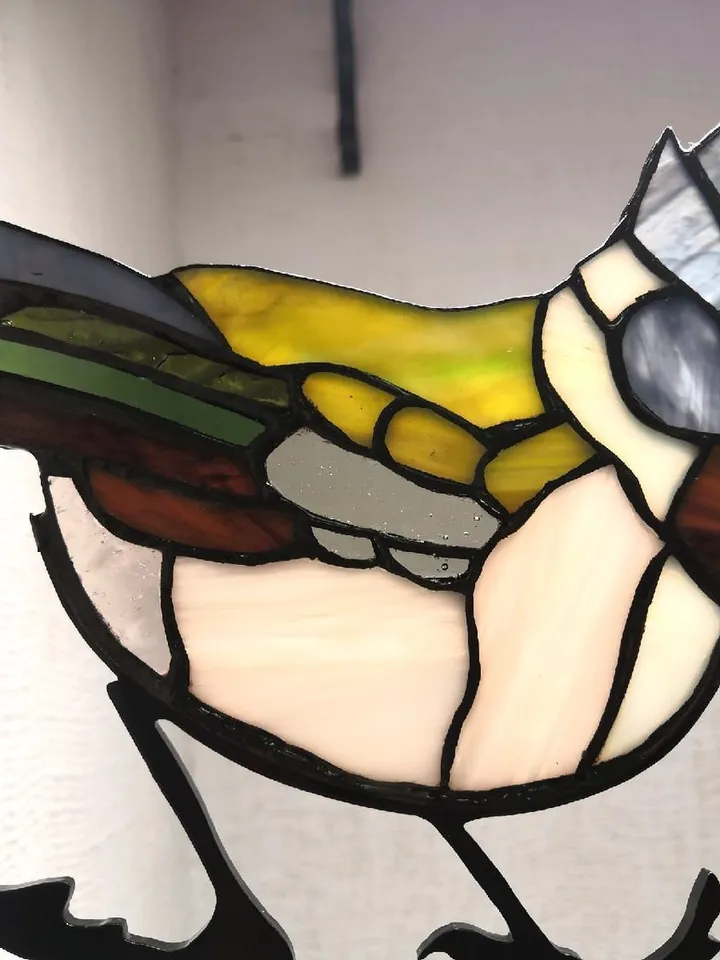 Crested Tit on a Hawthorn Branch, Tiffany Stained Glass Art, Stained Glass Crested Tit and Hawthorn, Tiffany Style, Nature-Inspired Crested Tit Stained Glass Panel, Tiffany Technique Stained Glass, Bird on Hawthorn, Crested Tit Bird with Berries, Handmade