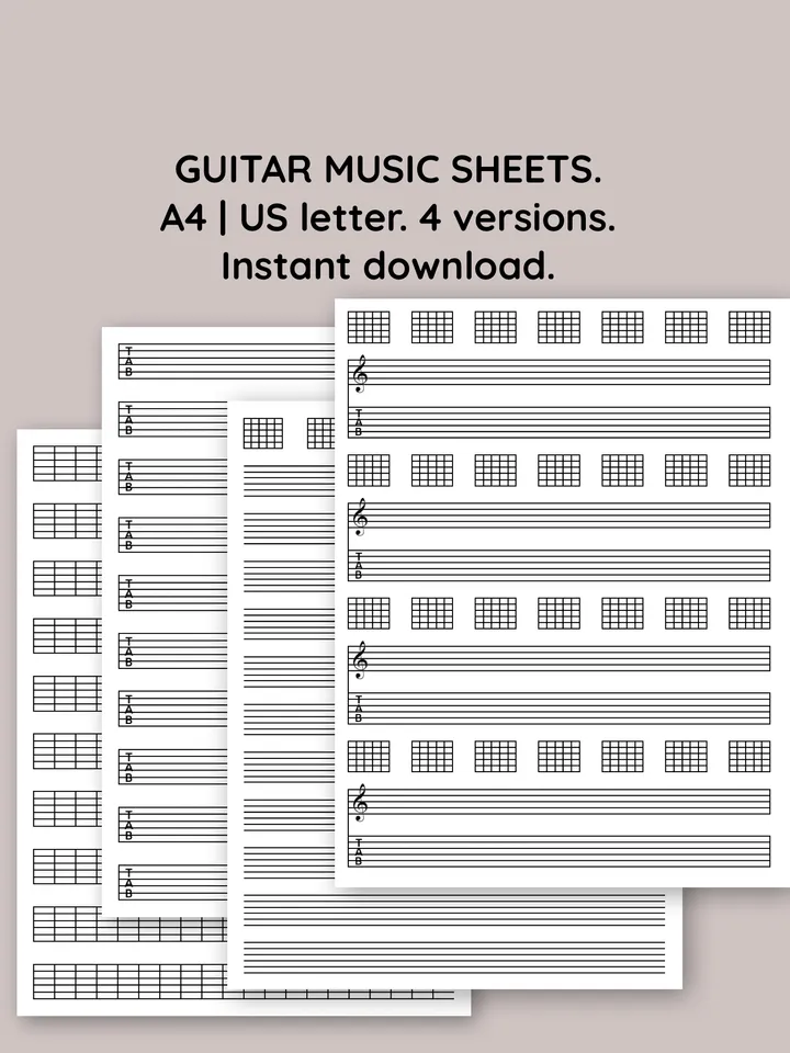 Set of guitar music sheet. Printable guitar tab paper. Blank guitar tab printable. Guitar tablature paper.