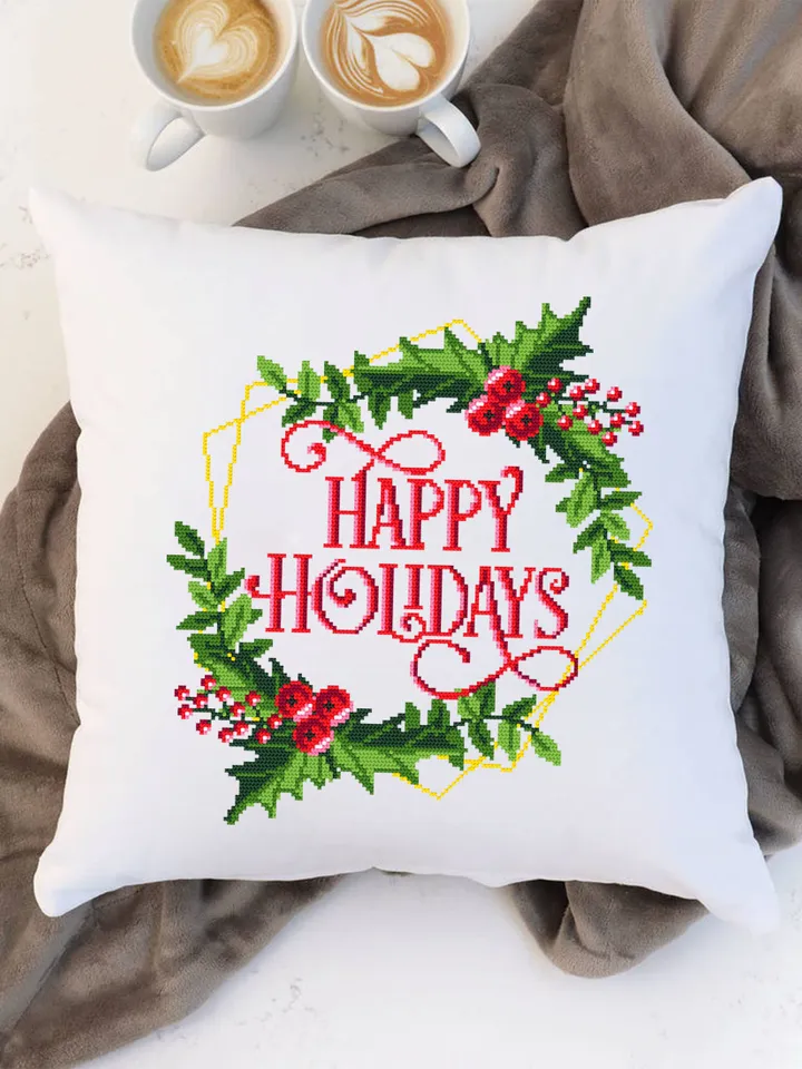 Christmas holly berry wreath cross stitch pattern PDF Happy holidays cross stitch framed, Instant download PDF, Christmas home decor #N31