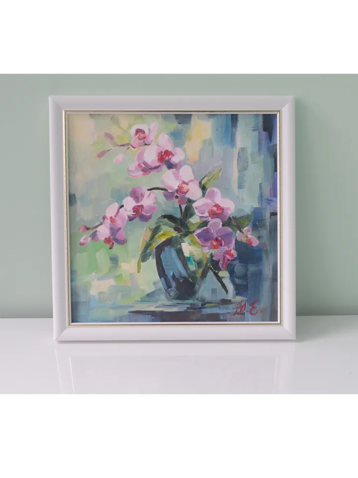Orchid oil painting in frame / Small floral art