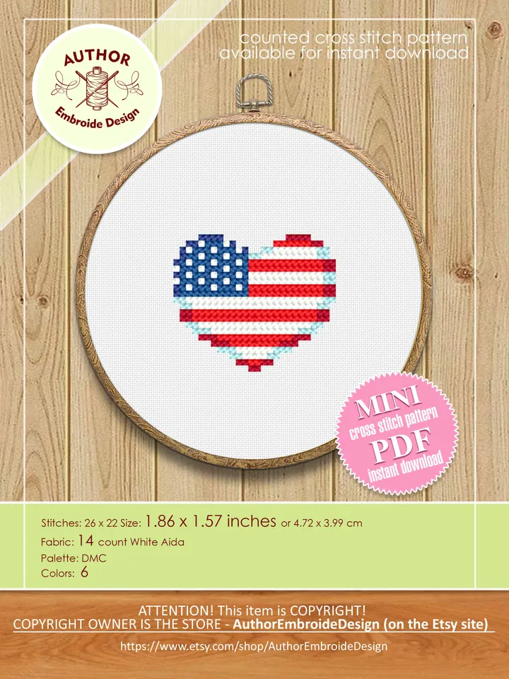 American flag heart cross stitch pattern PDF download Patriotic cross stitch chart, Independence Day 4th of July, USA flag cross stitch #T18