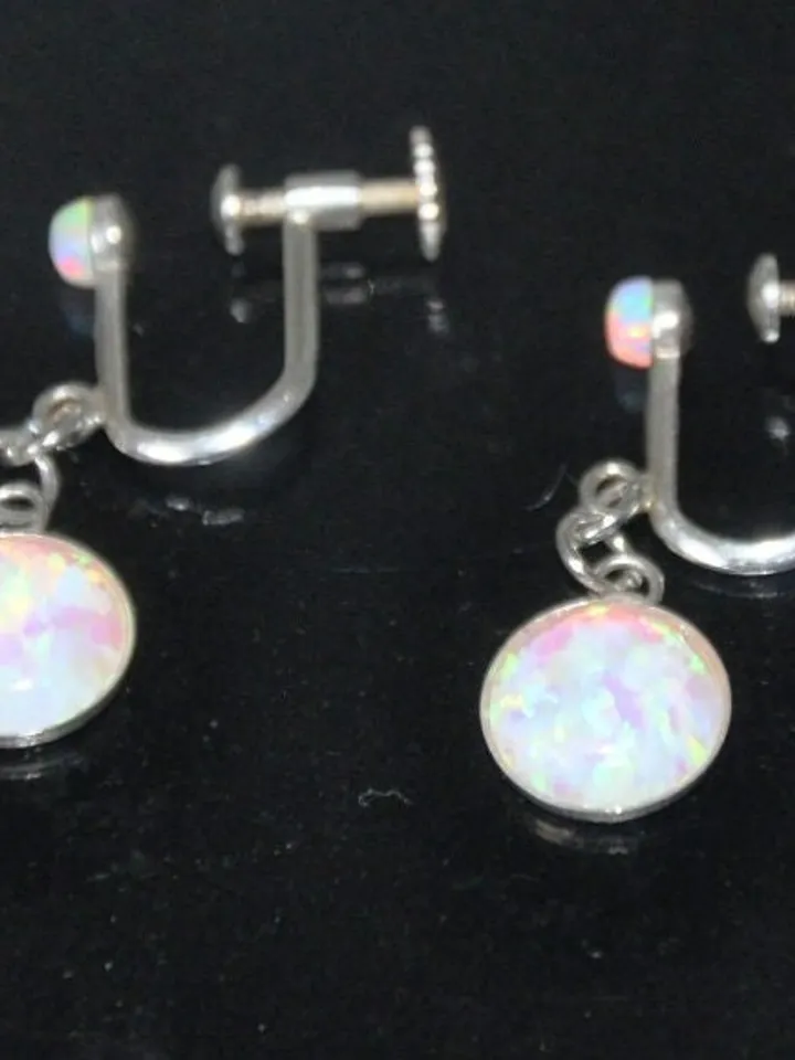Clip On Screw Back Opal Earrings Sterling Silver, White Opal Non Pierced Dangle Earrings