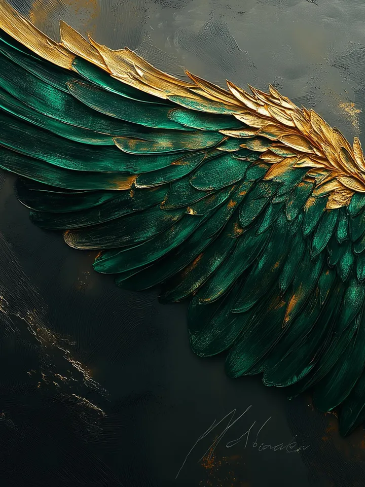 Large Emerald Green & Gold Angel Wings Impasto Painting, Textured 3D Wall Art, Original Abstract Art, Unique Home Decor, Office Wall Decor
