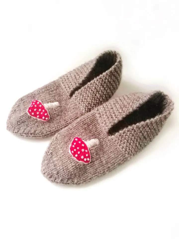 Hand-Knitted Mushroom Embroidered Socks-Slippers for Women, Merino and Alpaca Wool. Cute Warm Indoor Slipper-Socks. FREE SHIPPING!