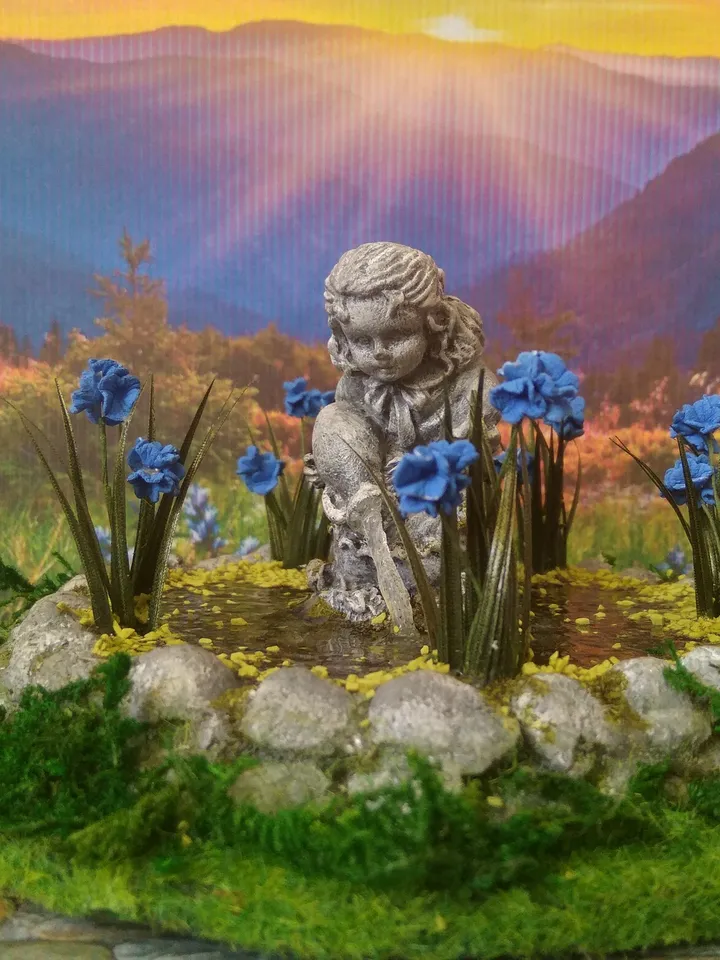 Pond for a doll's garden. 1:12. Handmade pond. Pond with irises and a statue in the middle.