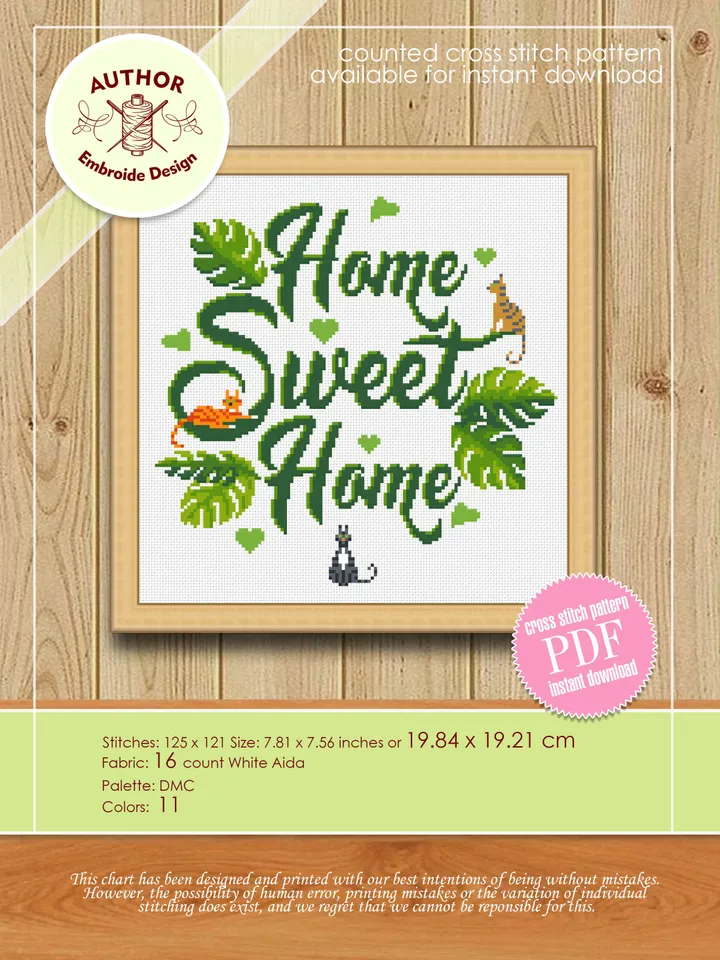 Home sweet home cross stitch pattern download PDF Cute cat cross stitch Monstera leaf xstitch chart Modern home decor Plant lover gift #Q23