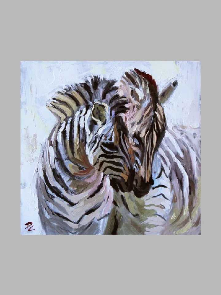 Postcard created with oil paint "Cute Zebras" 4.8x4.6"