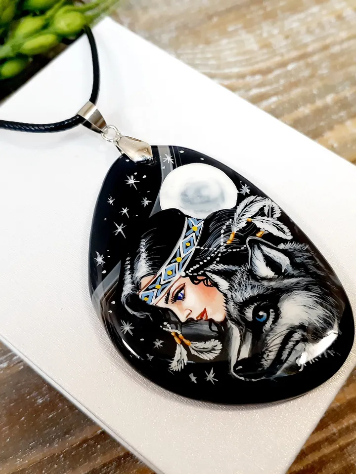 The Forest Fairy pendant. Author's work. Hand-painted on stone. Russian School of Painting. Fedoskino. Agate.Hand painted miniature painting