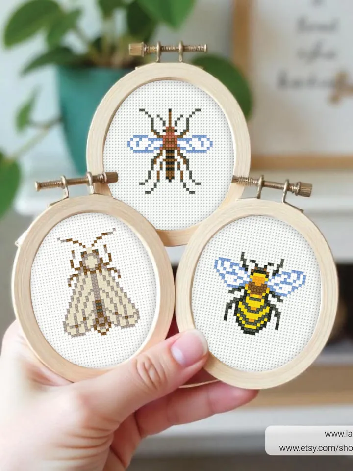Bundle mini Insects 5 Cross stitch patterns, contemporary, 3 inches, Dragonfly, beginner, modern chart, gift DIY, embroidery, instant PDF