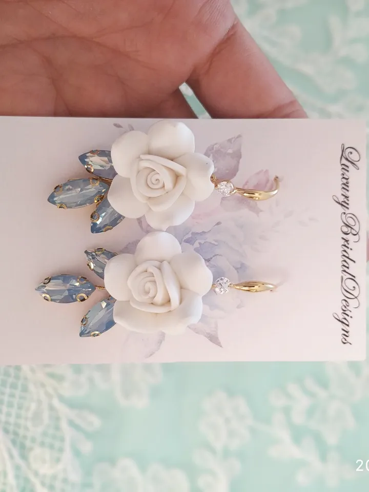 Boho Wedding Earrings, Porcelain Flower Bridal Earrings, Floral Statement Wedding Earrings, Gold Statement Wedding Jewelry, Opal Jewellery