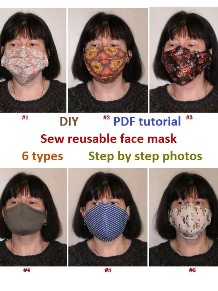 Sew reusable face mask for adults,6 types,face mask patterns,Step by step photos,PDF tutorial,Instant Download,Suitable for sizes S-M-L