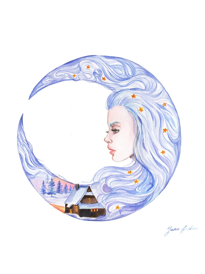 Moon Goddess Painting Moon Original Art Crescent Moon Watercolor Night Goddess Artwork