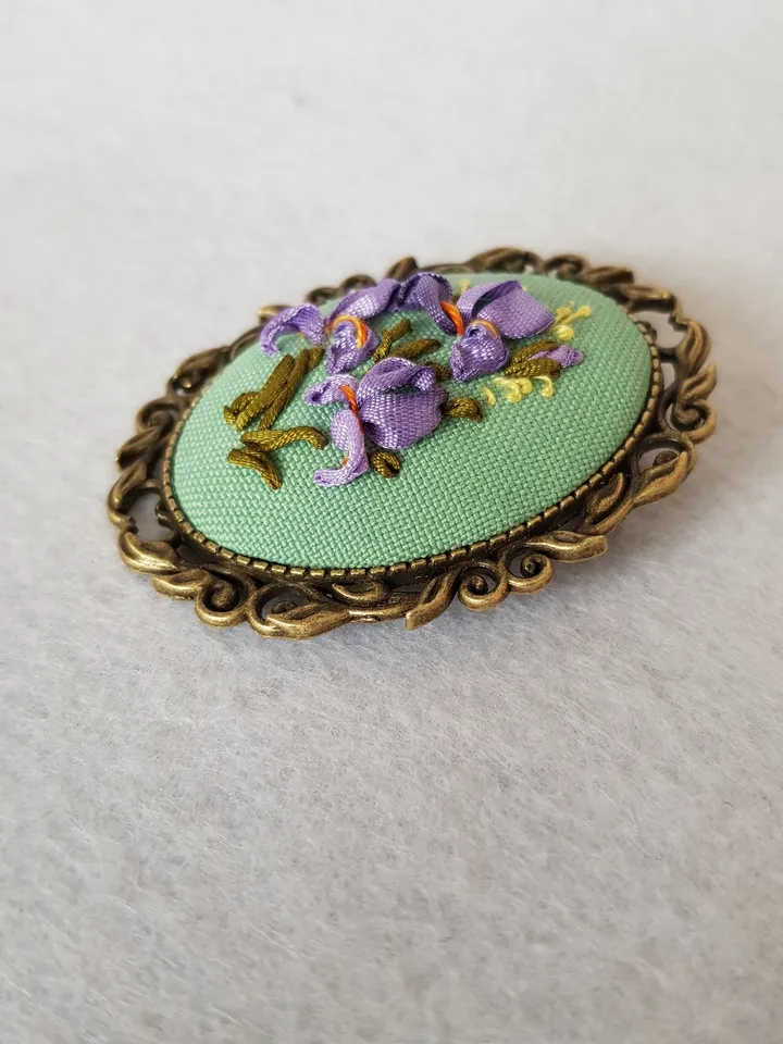 Ribbon embroidered brooch for her, embroidery irises