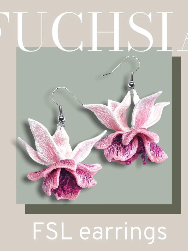 Fuchsia FSL machine embroidery designs Free standing lace embroidery pattern 3D flower embroidery motif Flower FSL embroidery Earrings FSL