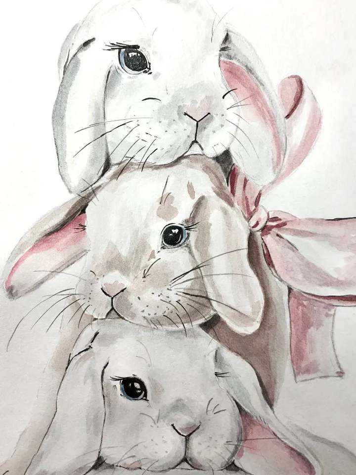 Cute bunnies painting children room wall art original watercolour hand painted modern painting