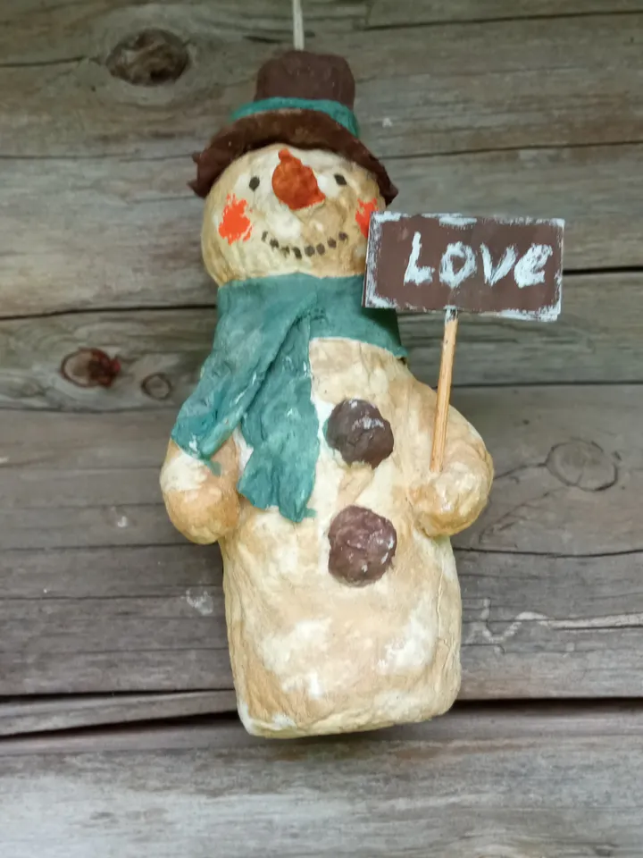 Handmade Christmas snowman in vintage style, cotton paper mache Free shipping