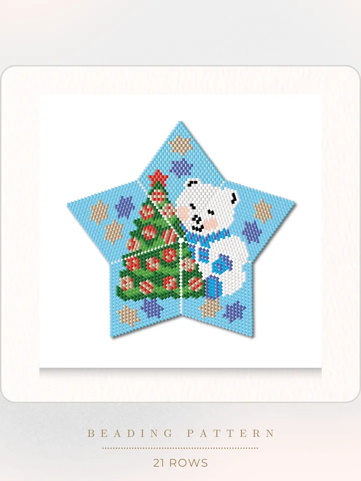 Christmas Polar Bear, 3D Peyote Star Beading Pattern, Seed Bead Ornaments,  Peyote Stitch
