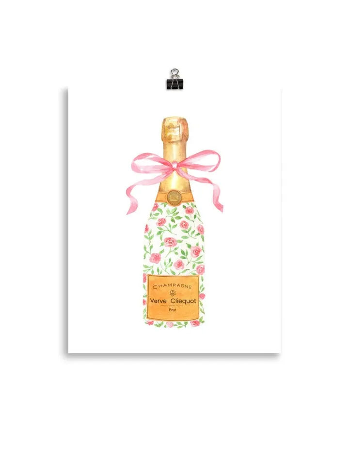Champagne Bottle Chinoiserie Style Wall Art Print,Pink Watercolor Bar Cart Print, Cocktail Decor,Wine Wall Art,Preppy Bar Cart, Gift For Her