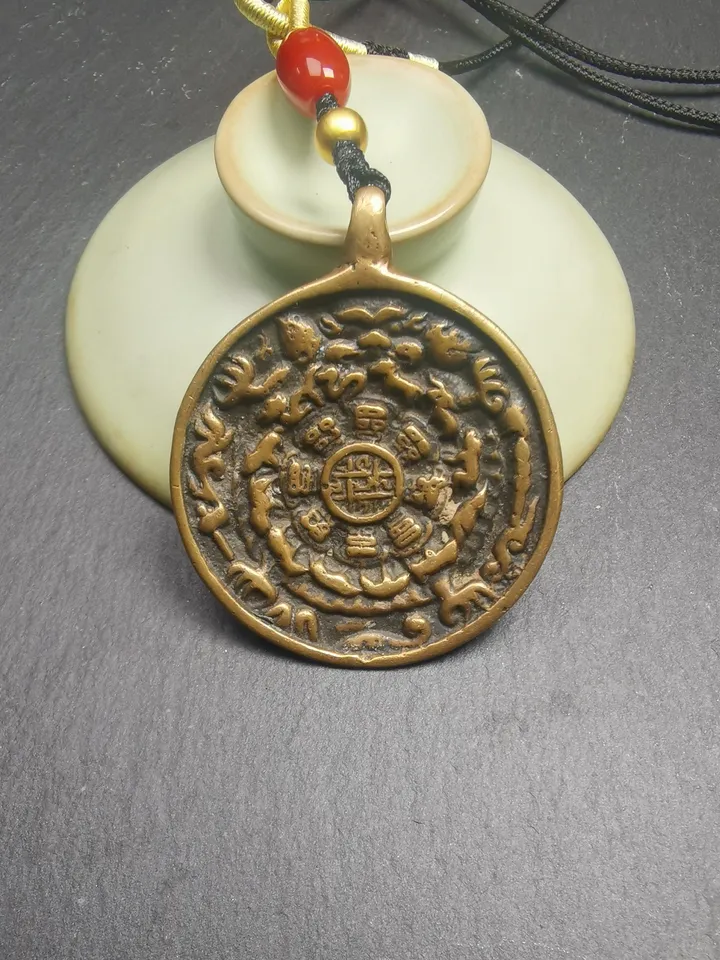 Gandhanra Vintage Tibetan Buddhist Calendar Amulet Sipaho Badge - Lima Brass Melong Mirror Protective Charm Feng Shui Pendant,43mm