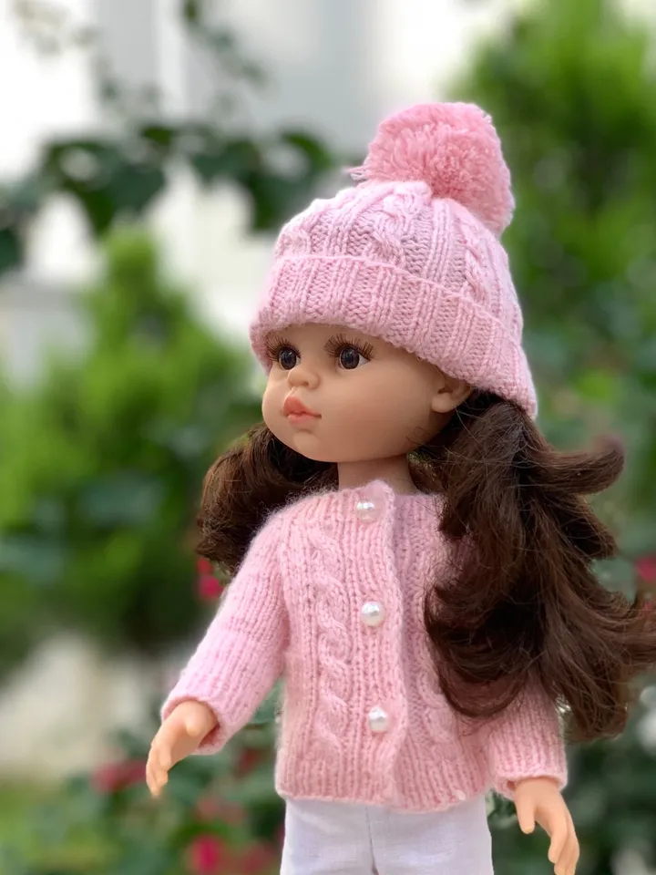 Paola Reina Doll 4 ITEMS Set: Exclusive Handmade Outfit - Dress, Cardigan, Pompon Hat, Leather Shoes