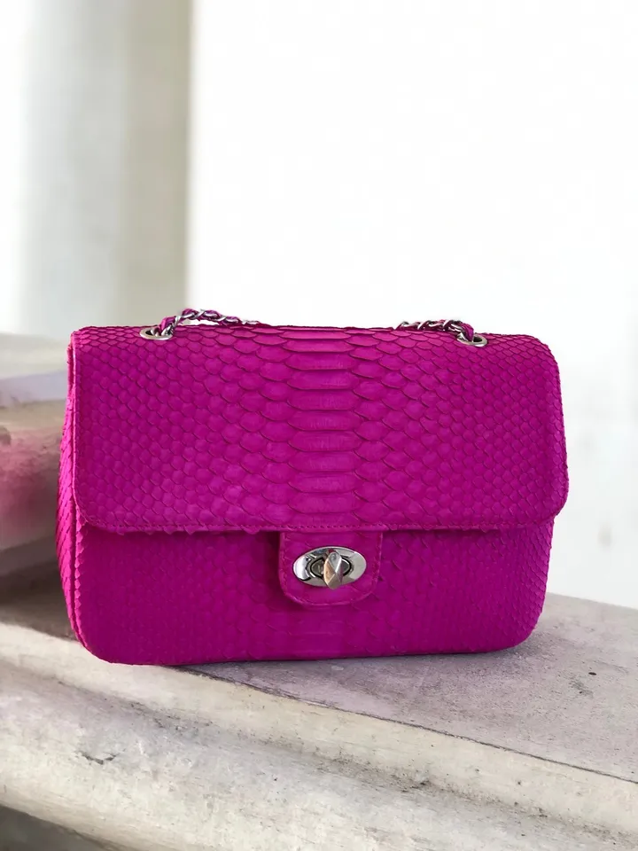 Genuine python skin maxi crossbody bag fuchia colour big, summer big chain crossbody, elegant classy crossbody bag genuine leather summer