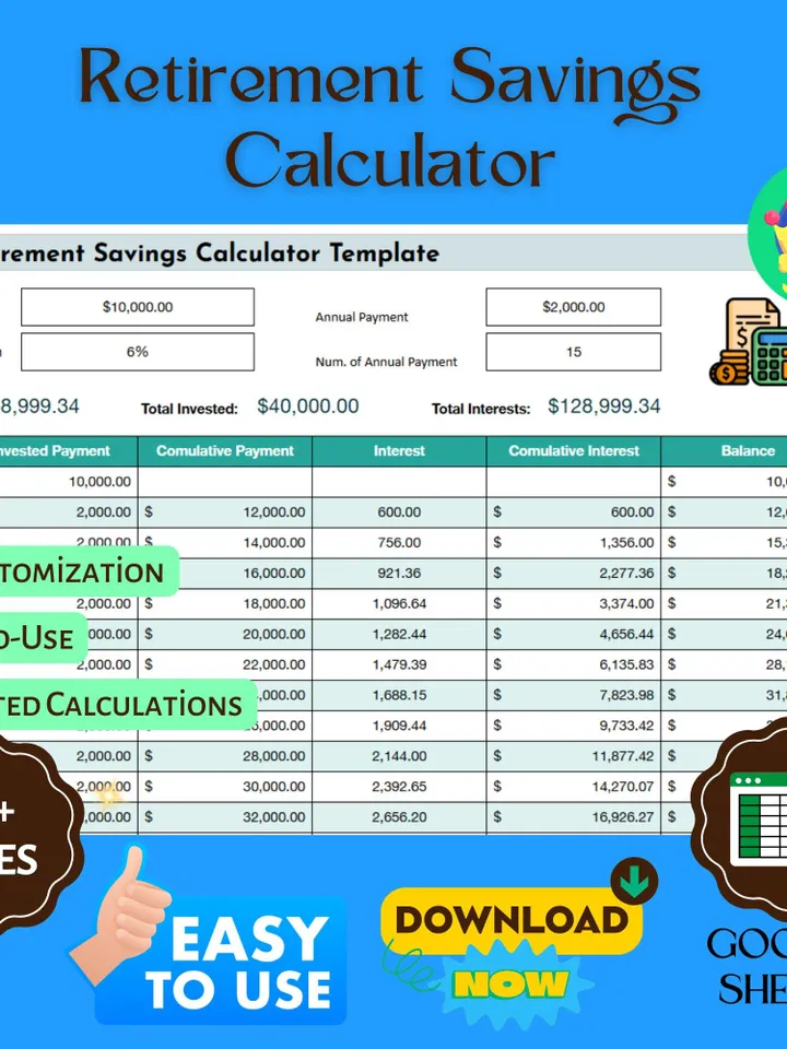 Retirement Savings Calculator Template, Editable Google Sheets, Digital Download for Financial Planning & Retirement Goals