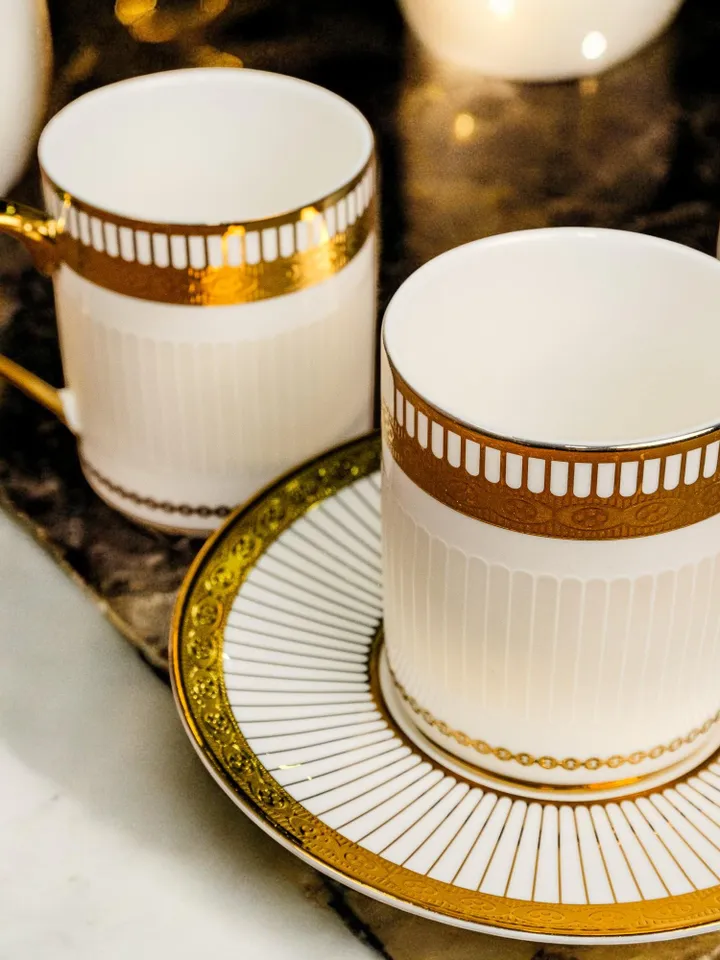 14K Genuine Gold Powder Porcelain Tea Cups And Saucers | Tea Cups Saucers Set | Gold Porcelain Set | Elegant Teaware | Gift For Tea Lovers