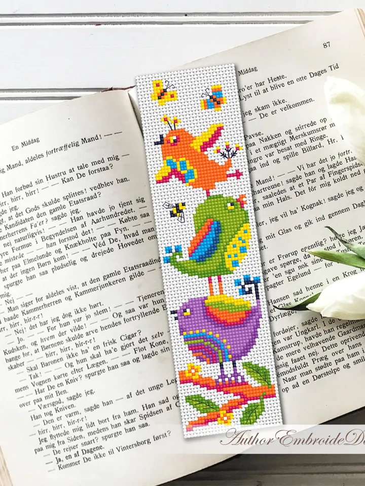 Folk bird bookmark cross stitch pattern PDF download Funny birds cross stitch chart, Cute bookmark pattern digital PDF Bird lover gift #B415